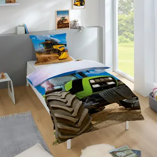 Familando Traktor Bettwäsche Set 2-teillig Decke 135x200 Kissen 80x80 cm - Mähdrescher Wendemotiv -100% Baumwolle mit Reißverschluss - Oeko-Tex Kinderbettwäsche - Atmungsaktiv & Hautfreundlich