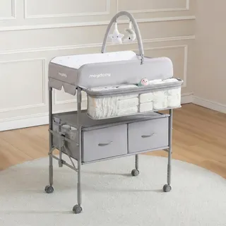 Maydolly Tragbarer Wickeltisch für Babys, Multifunktionaler Faltbarer Wickeltisch, Höhenverstellbar mit Rädern und 2 Aufbewahrungskörben, Wasserdichtes Sitzkissen zum Wickeln, Grau