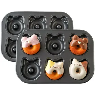 Sinsanye 2 PCS Donut Backform, 12 Hohlräume Katze und Bärenform Donutform Kohlenstoffstahl-Donut-Form, Antihaft Donut Backblech für Kuchen, Keks, Bagels, Muffins(Schwarz)