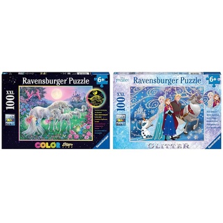 Ravensburger Kinderpuzzle - 13670 Einhörner im Mondschein - Einhorn-Leuchtpuzzle für Kinder ab 6 Jahren & Kinderpuzzle - 13610 Frozen - Glitzernder Schnee - Disney Frozen Puzzle für Kinder ab 6 Jahren