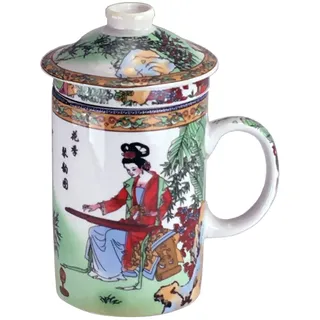 Keramik Teetasse mit Deckel + Sieb für Losen Tee mit Chinesischem Motiv, Geschenk Set (Mädchen inRot) Porzellan Tasse Für Teeliebhaber in Geschenkverpackung Geschenkidee Asien China Asia Becher Haferl