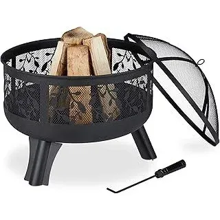 Feuerschale mit Funkenschutz, Garten & Terrasse, mit Schürhaken, Outdoor Feuerkorb, HxD: 60 x 60 cm, schwarz