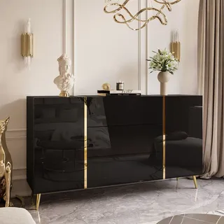 Kommode auf goldenen Beinen ONYX mit Schubladen Sideboard Schwarz / Schwarz hochglanz Push - Open - Schwarz