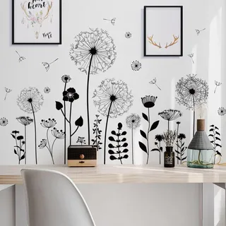 Wenxiaw Wandtattoo Pusteblumen Schwarz für Wanddeko, Groß Löwenzahn Blumen Pflanzen Wandsticker Wandaufkleber Kleben Aufkleber Wandbilder für Wohnzimmer Schlafzimmer Vorraum Flur Fenster