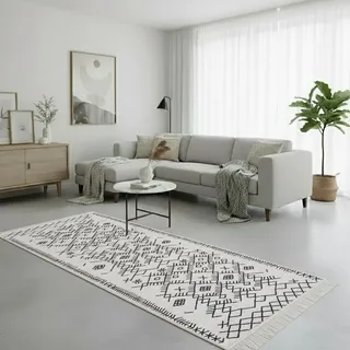 Jimri Teppich Läufer - Tepiche für Wohnzimmer, Schlafzimmer, Küche, Kinderzimmer, Badezimmer - Boho Kelim - Läufer Flur, Schwarz-Weiß, Größe: 80x150 cm