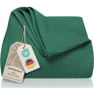 LAYNENBURG Premium Tagesdecke 220 x 240 cm XXL - Waffelpique 100% Baumwolle - leichte Wohndecke Waffeloptik - Baumwolldecke Bett-Überwurf, Sofa-Überwurf, Couch-Überwurf - Sofa-Decke (Dunkelgrün)