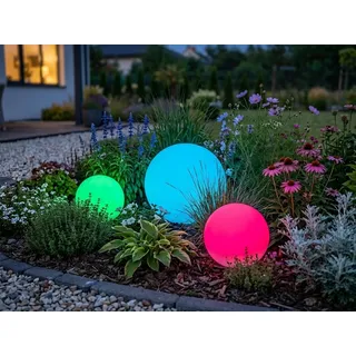 3er SET Solarkugeln Garten mit Fernbedienung, RGBW & Erdspieß Ø 20cm & 30cm