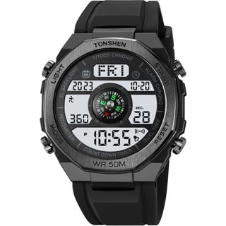 TONSHEN Herren Elektronik Kompass Outdoor Sport Uhren Digitaluhr Wasserdicht LED Multifunktional Schrittzähler Kalorien Double Zeit Alarm Militär Armbanduhr (Schwarz)