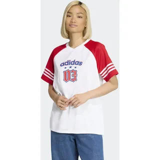 T-Shirt ADIDAS ORIGINALS "JERSEY", Damen, Gr. M, weiß, Obermaterial: 100% Polyester, V-Ausschnitt, Shirts T-Shirt, sportlicher Stil, Kurzarmdesign, ohne Verschluss, aus Polyester
