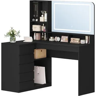Schminktisch mit Große Spiegel,Schminktisch mit LED-Beleuchtung, L-Förmiger Eck- mit 5 Schubladen und 7 Offenen Fächern, Kettenhaken, Schlafzimmer, Ankleidezimmer, Modern, Schwarz DT42506XEU - Schwarz