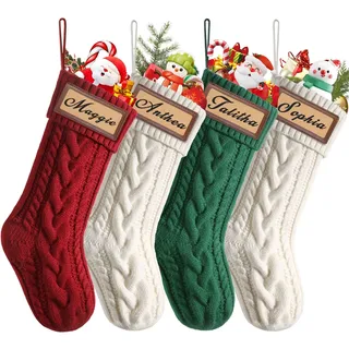 Weldomcor 4 Stück Weihnachtsstrumpf, 46cm Große Kabel Gestrickt Weihnachtssocken Deko mit Namen Nikolausstrumpf zum Befüllen & Aufhängen für Kamin, Weihnachtsbaum, Schaufenster (Rot, Grün, Weiß)
