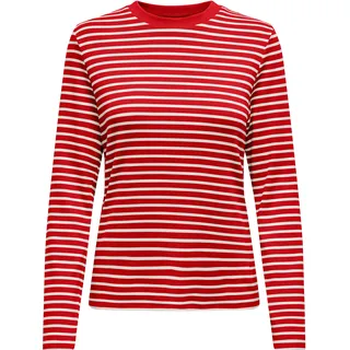 Langarmshirt ONLY "ONLLYON L/S O-NECK TOP BOX CC JRS", Damen, Gr. XS (34), weiß (cloud dancer stripes:mars rot), Jersey, Obermaterial: 48% Modal, 47% Baumwolle, 5% Elasthan, gestreift, regular fit, Rundhals, Shirts Langarmshirt