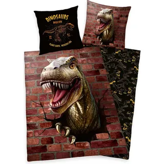 HERDING Bettwäsche 3D-Effekt Dino Baumwolle, 140/200, 70/90 cm - Braun