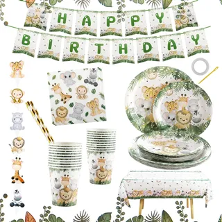 Partyhausy Dschungel Safari Partygeschirr Set,Junge Einweggeschirr Set 126 Stück Papier Teller Tassen Servietten Strohhalme Tischdecke für Wild One Kindergeburtstag Geburtstag Deko Babyparty