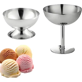 Bssowe 2 Stück Edelstahl Dessertschale Mit Fuß, Dessertbecher Mit Fuß, Eisbechern Aus Edelstahl, Metall-Dessertschüssel, Mit Fester Und Rutschfester Griff, Für Kuchen, Eiscreme, Joghurt Servieren (A)