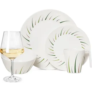 Melamin Camping Geschirr Set 4 Personen Limon Design 16 Teilig + 4 Milano Weiß Weingläser Tafelgeschirr Picknick BBQ Kochgeschirr - Weiß