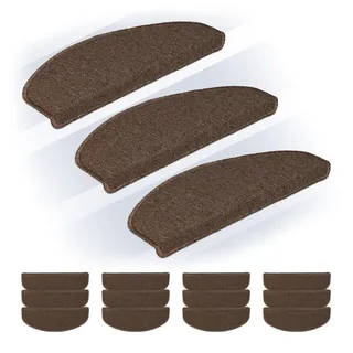 Relaxdays Stufenmatten 15er Set, abgerundete Treppenstufenmatten, 65x24 cm, selbstklebende Treppenteppiche, Dunkelbraun