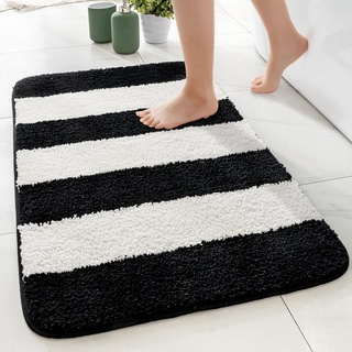 MIULEE Badematte Teppich rutschfest Badteppich Badezimmerteppich Streifen Weiche Badvorleger Maschinenwaschbar Mikrofaser Flauschiger Duschvorleger für Badezimmer 50x80cm Schwarz-Weiß