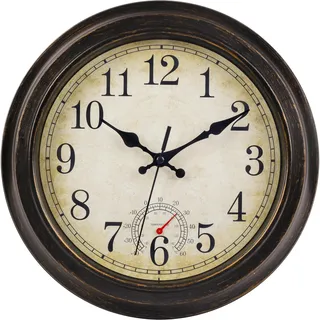 jomparis 30CM Outdoor Wanduhr mit Thermometer Außen wanduhr Wasserdicht und Wetterfest für Garten Terrasse Pool Patio(Bronze)