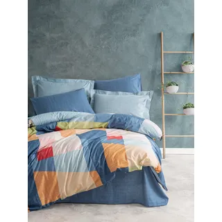L'Essentiel Linge de Maison, Cosy - Blue, Ranforce Doppel-Bettbezug-Set, Blau, 100 % BAUMWOLLE RANFORCE, 200 x 220 cm - Blau, Orange