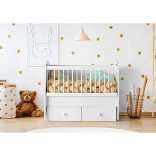 Babybett Weiß Holz Schubladen Praktischer Stauraum Gitterstäbe Modernes Design - Weiß