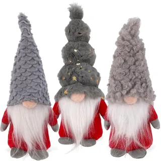 MIJOMA Weihnachtswichtel 3er Set - Deko-Wichtel mit hoher Mütze - skandinavische Stoff-Zwerge - 22 cm - Winterdeko Figuren für Weihnachten & Advent - stehende GNOME aus Plüsch (Grau)