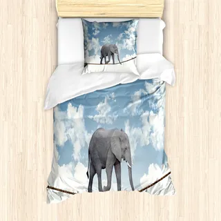 ABAKUHAUS Elefant Mantele, Klassische Elefant Gleichgewicht, Milbensicher Allergiker geeignet mit Kissenbezügen, 135 cm x 200 cm - 80 x 80 cm, Blau, Grau, Weiß - Blau