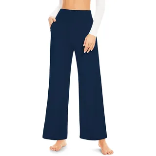 ACTINPUT Yogahose Damen High Waist - Straight Hosen Damen mit Taschen, Weites Bein Schlaghose Stretch Bequeme Hose Damen Jeggings Baggy Damenhosen Hochwertig Gym Outfit(Marineblau,L)