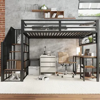 Flieks Etagenbett 120x200cm mit Schreibtisch und Ablage, Hochbett mit Treppe, Kinderbett Metallbett mit Rausfallschutz, Stockbett Schwarz - Schwarz