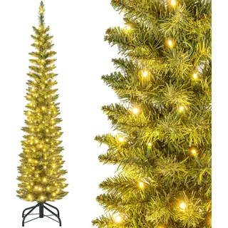 COSTWAY 150 cm Künstlicher Weihnachtsbaum mit Beleuchtung, Bleistift Tannenbaum mit 150 warmweißen LED-Lichtern, Christbaum schmal, Kunstbaum Weihnachten für Zuhause, Grün