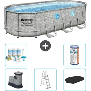 Bestway Oval Power Steel Swim Vista Swimmingpool – Steindruck – 549 x 274 x 122 – inklusive Pumpe – Leiter – Abdeckung Wartungspaket - Filter