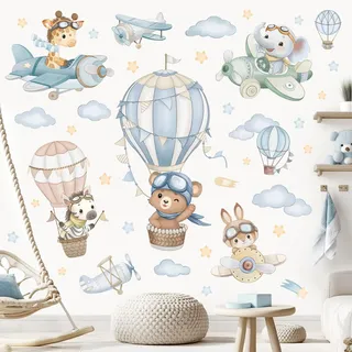 wondever Wandtattoo Heißluftballon Tiere Wandaufkleber Flugzeug Bär Elefant Giraffe Wandsticker Wanddeko für Kinderzimmer Babyzimmer