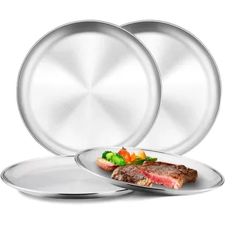 4 Rundes Edelstahl Platten,26cm Edelstahl Servierteller aus Metall 304,Unbreakable Speiseteller aus Metall Spülmaschinenfest,Runde Metallteller BPA-frei für Outdoor Camping, Picknick, Küche, Party