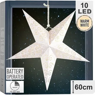 Weihnachtsstern aus Papier mit 10 LED-Lichtern und glitzernden Verzierungen - Weiß, Braun, Transparent, Silber