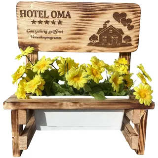 KlaSa Kreativwerkstatt Blumenbank aus Holz mit Gravur,Dekorative Pflanzbank mit Blumenkasten,Geschenk für Mama,Oma,Opa–Gartenbank für Balkon&Terrasse, Outdoor Muttertag (Hotel Oma)