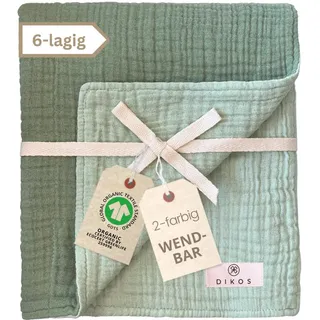 DIKOS® Musselin Babydecke Sommer 6-lagig 70×100 cm – Bio-Baumwolle (GOTS & Öko-Tex) – salbeigrün/Mint – weich & atmungsaktiv – Kuscheldecke, Spucktuch, Puckdecke – Geschenk Geburt Mädchen & Jungen