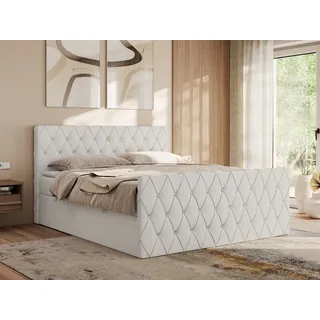MKS MEBLE Boxspringbett 120x200 mit Bettkasten, Bett 120x200 mit Matratze H3, Boxspringbett 120x200 mit Topper - Miren Duo - Weiß Kunstleder - H3 - Weiß