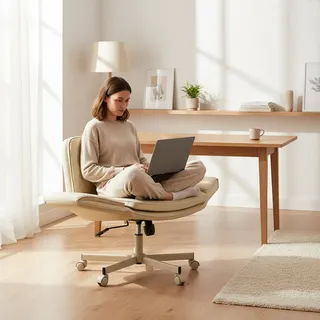 hjh LIVING Home Office Bürostuhl Criss-Cross 10 – Bequemer Schneidersitz Stuhl, extra breite Sitzfläche, klappbare Armlehnen, ergonomisch & höhenverstellbar, Beige