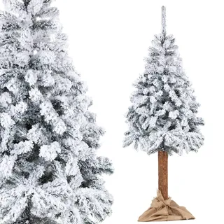 Springos® künstlicher Weihnachtsbaum 220 cm | Tannenbaum mit Schnee auf Naturstamm | Weihnachtsbaum mit Jutemantel & stabilem Ständer - Weiß