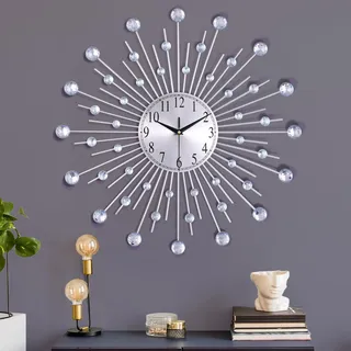 Lafocuse Silber Wanduhr Groß Metall, Kreative Design mit Strasssteine, Lautlos Wanduhr Modern, Ohne Ticken Art Deko für Wohnzimmer Schlafzimmer Küche 56cm