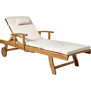 BELIANI Gartenliege Hellbraun u. Hellbeige Akazienholz Verstellbar Rollbar Sonnenliege mit Tisch und Auflage Terrasse Garten Balkon Modernes Design - Braun, Beige