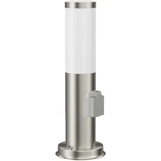 ledscom.de Pollerleuchte PORU mit Steckdose für außen, edelstahl, rund, 38,5cm, inkl. E27 Lampe, 471lm, extra-warmweiß