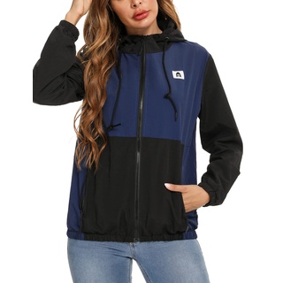 Doaraha Damen Übergangsjacke Laufregenjacke Dünne Sommerjacke Winddichte Kurze Regenjacke Winddichte Regenjacke Allwetterjacke Softshelljacke Teenagerjacke, Navyblau Schwarz, XL