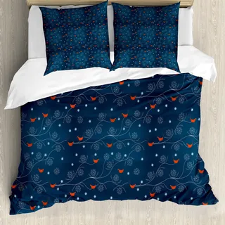 ABAKUHAUS Winter Bettbezug, Vögel auf Zweigen, Milbensicher Allergiker geeignet mit Kissenbezügen, 155 cm x 220 cm - 80 x 80 cm, Petrol Blau Orange Weiß - Weiß