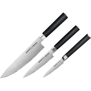 SAMURA MO-V Profi Messer Geschenk Set Ultra-scharf, aus japanisch AUS 8 Edelstahl, 18 cm Klinge, mit G10 Handgriff aus Carbon - Silber