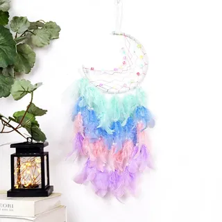 JZK Mond-Traumfänger mit Lichtern für Mädchen Frauen Geburtstag, rosa Feder und Perlen, Traumfänger mit LED-Lichtern für Baby Kinder Schlafzimmer Dekoration, Wandbehang Ornament, Hochzeitsgeschenk