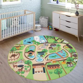 Paco Home Kinderteppich »Bino 563«, rund, 4 mm Höhe, Kurzflor, Straßen-Spiel-Teppich, Motiv Zoo, Kinderzimmer, Spiel-Teppich, Mit Tiger, Bär, Löwe, Bunt, ø 160 cm