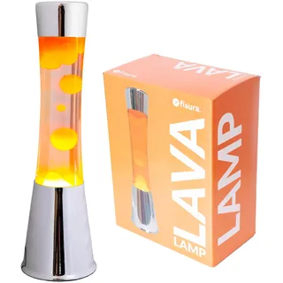 Fisura - Lavalampe orange. Verchromte silberne Basis, transparente Flüssigkeit und orangefarbene Lava. Lavalampe mit Ersatzbirne. 11 x 11 x 39,5 zentimeter.