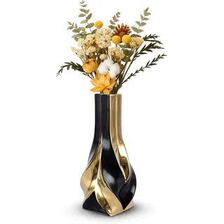 Keramikvase, moderne geometrische Blumenvase für Esstisch, elegante dekorative Vase für Pampasgras, Wohnzimmer, Schlafzimmer, Büro, Tischdekoration, 26,9 cm, Schwarz und Gold