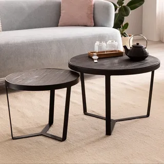 WOHNLING Couchtisch 2er Set Akazie Massivholz / Steinoptik Wohnzimmertisch Rund Satztisch mit Metallgestell Kaffeetisch Modern Sofatisch - Schwarz